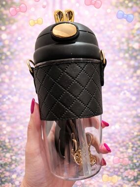 Crossbody Quilted Black & Gold Acrylic Bottle with Straw